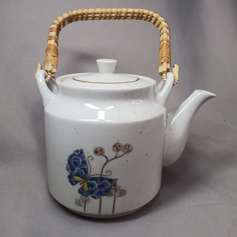 Otagiri Butterfly Tea Pot Ratten Handle Ceramic Vintage MCM Boho Japan